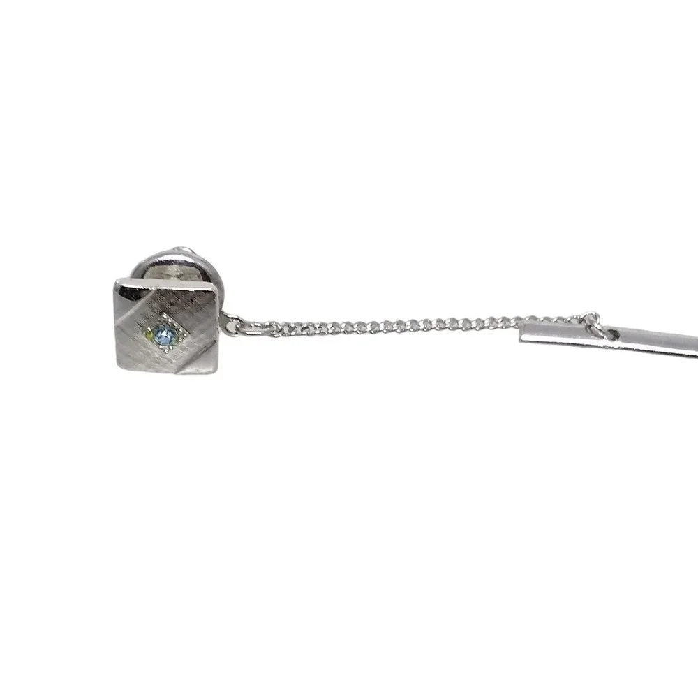 Blue Crystal Cufflinks Tie Tac Bar Sarah Coventry Brushed Silver Tone Formal Set